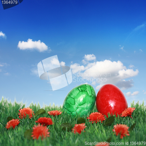 Image of colored eggs on the green meadow 