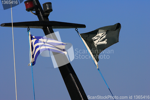 Image of Pirate flag flying from a ship's mast.