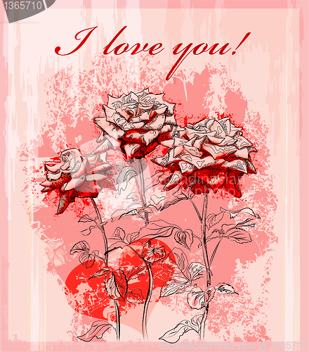 Image of valentines day greeting card with red rose and heart