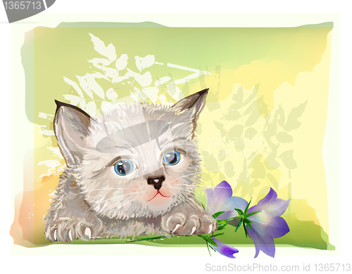 Image of hand drawn portrait of the fluffy kitten  with bluebell