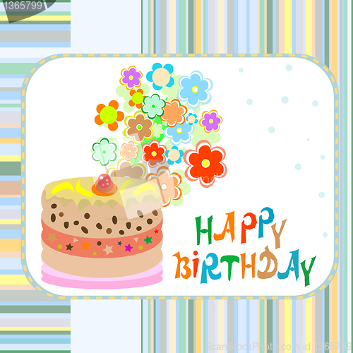 Image of cake and flowers happy birthday greeting vector background