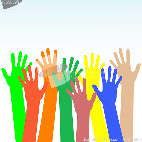 Image of happy hands multicolored vector on blue background