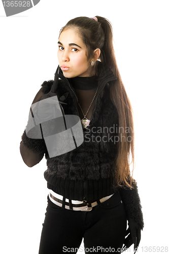 Image of Portrait of attractive young brunette in gloves