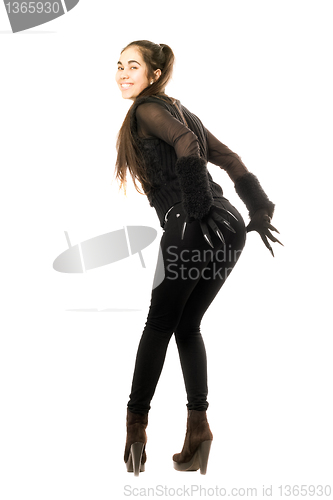 Image of Playful brunette in gloves with claws