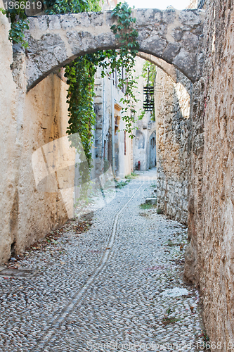 Image of Old Cobblestone Alley in Rhodes Old Town, Greece