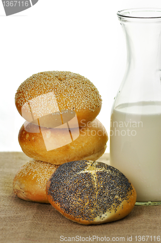 Image of milk bottle  and fresh rolls