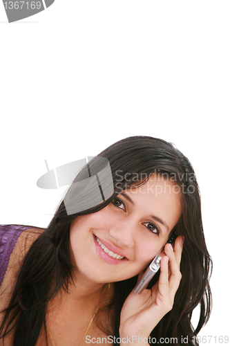Image of Beautiful woman talking on the phone - isolated over white 