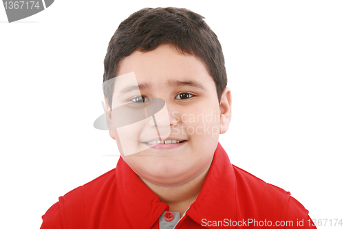 Image of Boy looking at the camera with a small smile over white backgrou