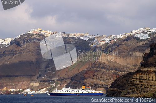 Image of Cruise ship near Santorini island