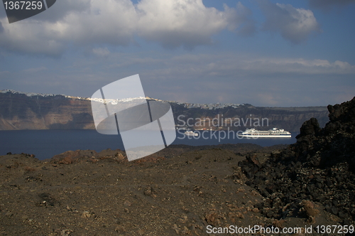 Image of Cruise ship near Santorini island