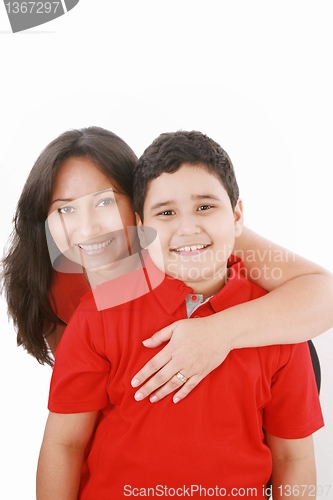 Image of mother embarce her son on white background