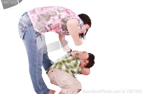 Image of Woman hitting a son who cringes, isolated on white background 
