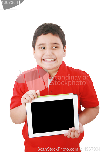 Image of Portrait of a cute young child happy with his new digital tablet