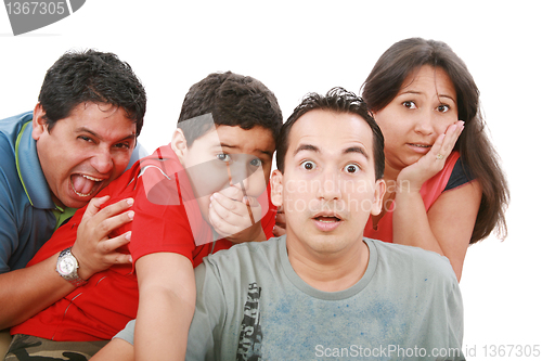 Image of Closeup portrait of young group with a very surprised look on th