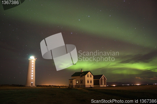 Image of Aurora borealis over the lighthouse