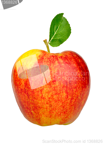 Image of one red apple with green leaf