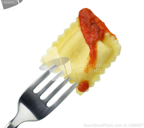 Image of  ravioli  on a fork 