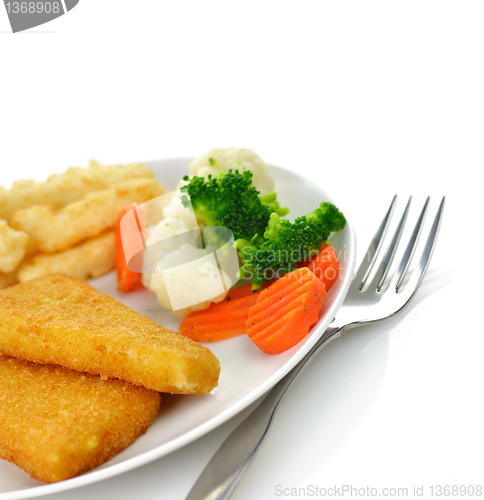 Image of fish fillets with fried potato and vegetables