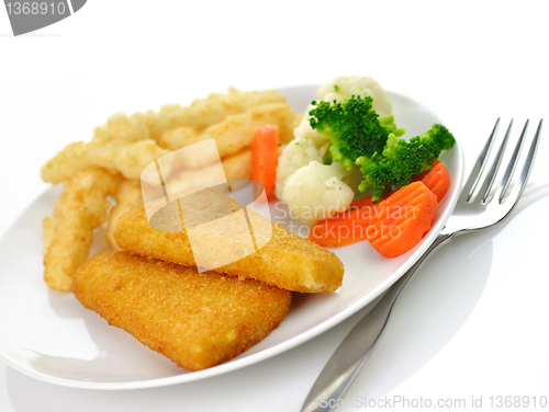 Image of fish fillets with fried potato and vegetables