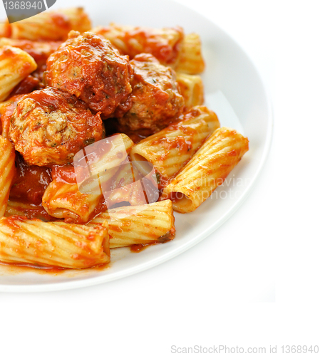 Image of Rigatoni with tomato sauce and meatballs.