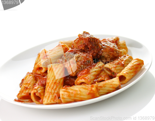 Image of Rigatoni with tomato sauce and meatballs. 