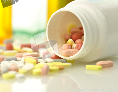 Image of Medicine bottles and pills close up 