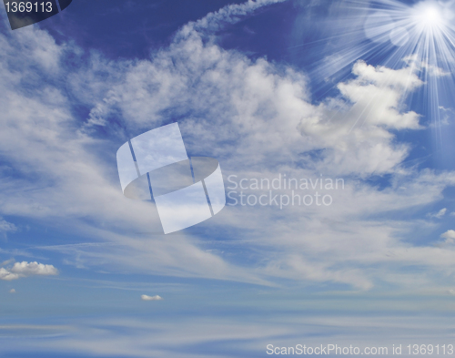 Image of blue sky with clouds and sun