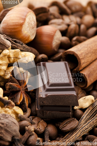 Image of chocolate with coffee beans, spices and nuts