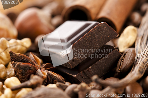 Image of chocolate with coffee beans, spices and nuts