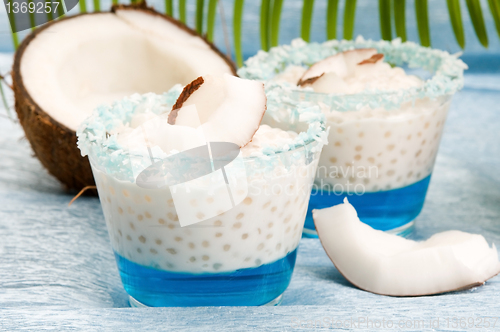 Image of Coconut pudding with tapioca pearls and litchi jelly