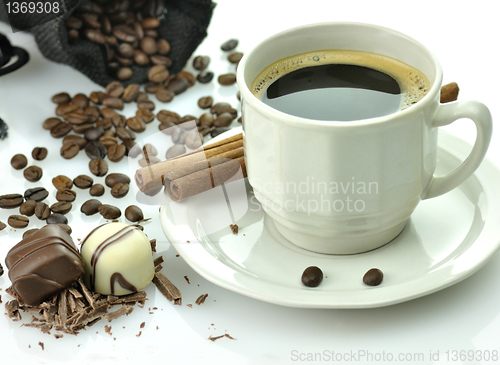 Image of cup of coffee and chocolate candies 