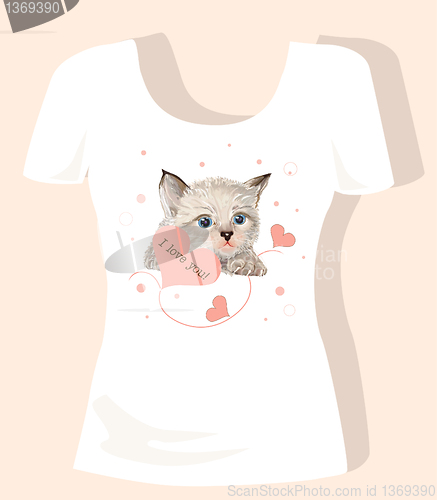 Image of t-shirt design for children with kitten and hearts