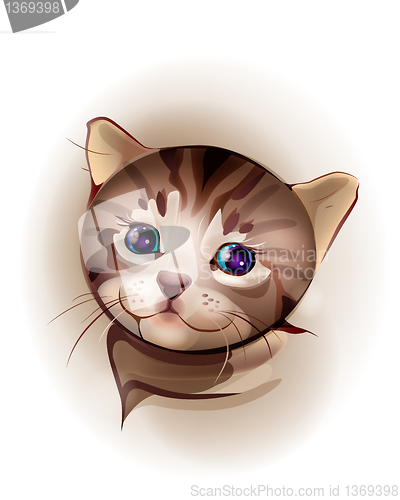 Image of hand drawn portrait of blue-eyed  little kitten.  Kitten is 1 mo