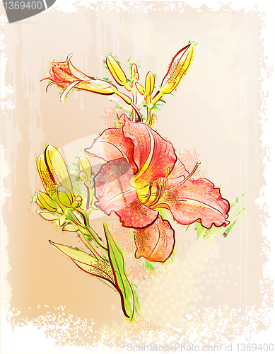 Image of vintage  style. Illustration of  red lily 