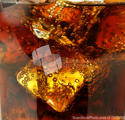 Image of cola with ice cubes close up 
