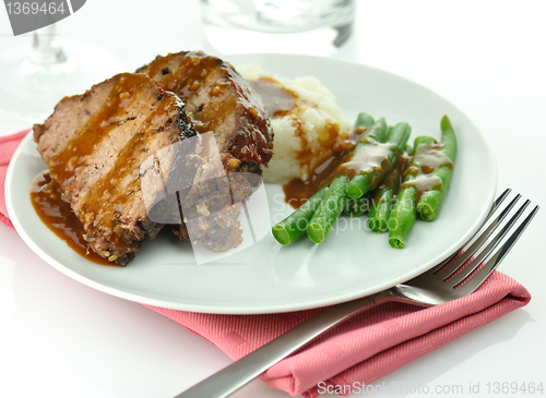 Image of meat loaf with mashed potatoes and green beans 