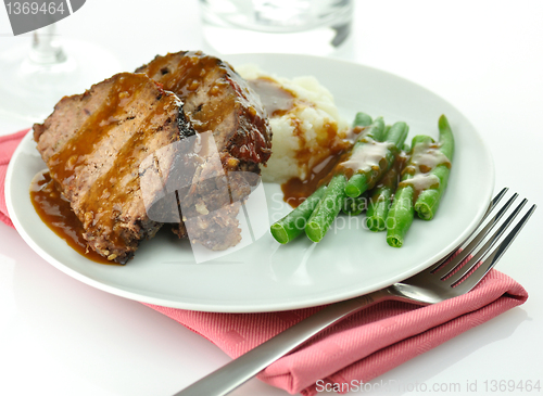 Image of meat loaf with mashed potatoes and green beans 