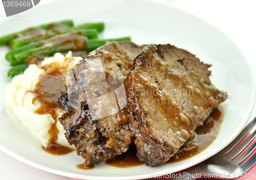 Image of meat loaf with mashed potatoes and green beans
