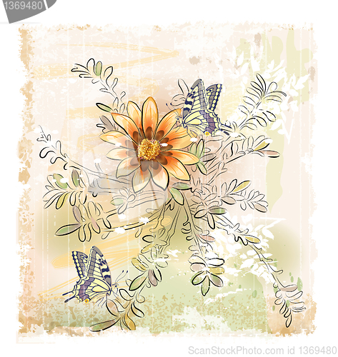 Image of yellow field flowers and butterflies