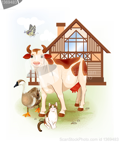 Image of Country life.  Farm animals. Cow, cat and goose.