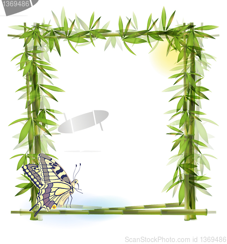 Image of tropical  background with bamboo, sun and butterfly