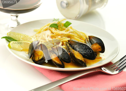 Image of mussels with spaghetti