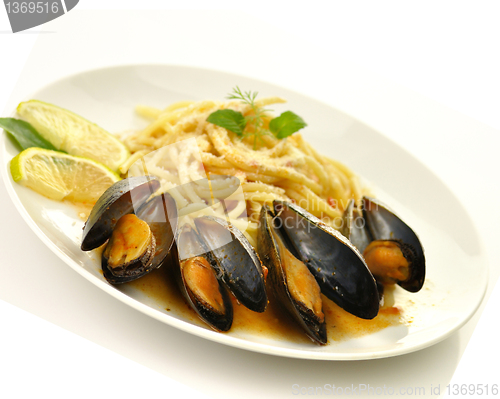 Image of mussels with spaghetti