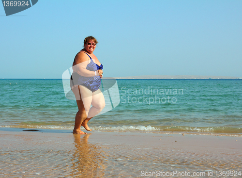 Image of overweight woman running on beach