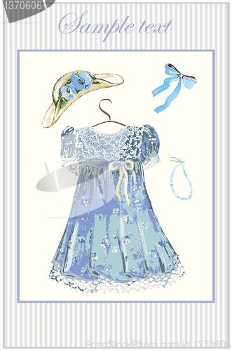Image of Greeting card with a dress, hat , bow and a beads   