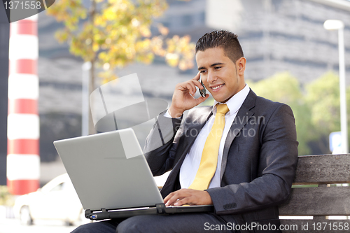 Image of Businessman working at the city park