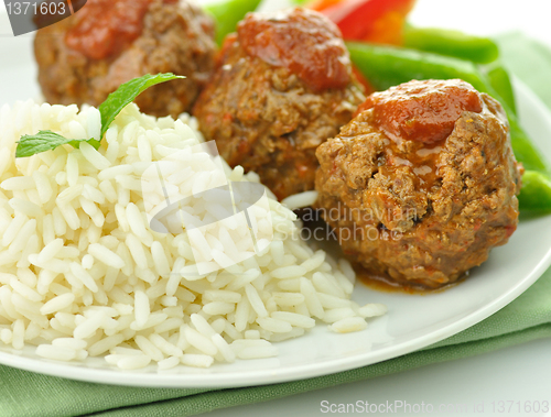 Image of meat balls with rice and vegetables 