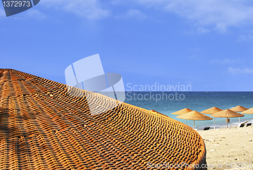 Image of Beach view behind umbrella