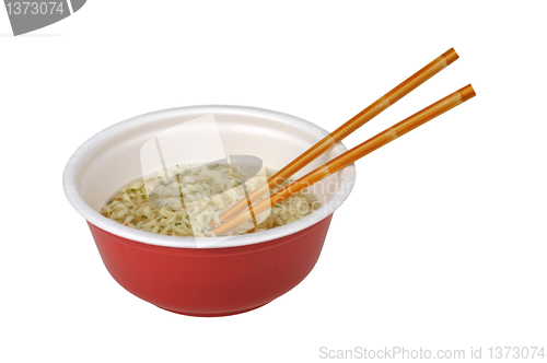 Image of bowl of ramen with chopsticks isolated on white background