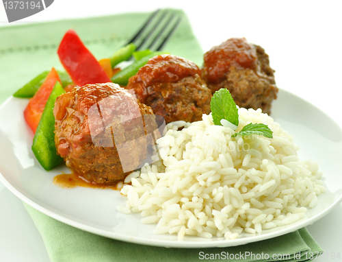 Image of meat balls with rice and vegetables 